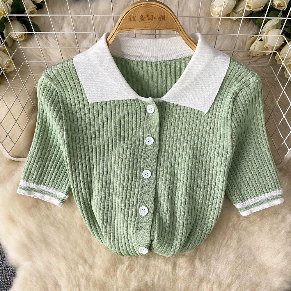 Two 2 Pieces Set for Women Summer Sexy Polo Collar Short Sleeve Buttons Knit Top and Elastic Waist Mini Pleated Skirt Suits