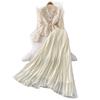 Women's Elegant Embroidered Beaded Lace V-Neck Shirt & Pleated Long Skirt Set
