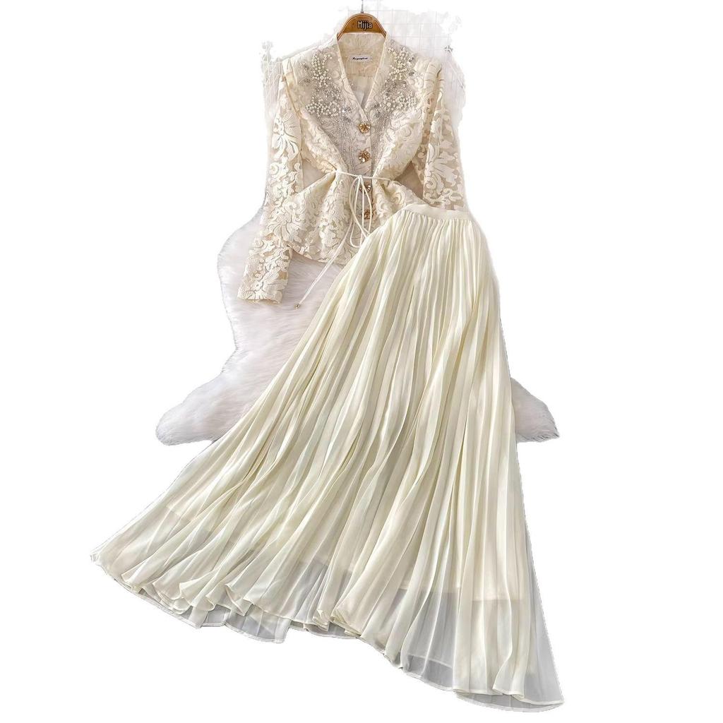 Women's Elegant Embroidered Beaded Lace V-Neck Shirt & Pleated Long Skirt Set