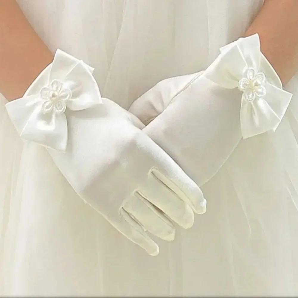 New Sweet Satin Flower Child Gloves White Gloves for Kids Children Girls Wedding Gloves with Bow Kids Fashion Children's Mittens