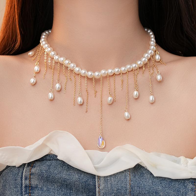 Baroque Water Drop Pearl Fringe Necklace Temperament Collarbone Chain French Retro Necklace Women