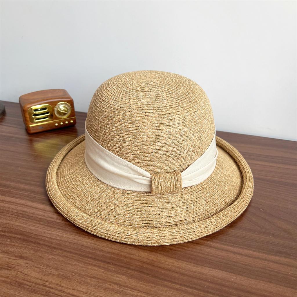 Cappello a Tesa Larga in Paglia Francese con Fiocco - Tesa Arrotolata Elegante Cappello da Sole per Donne Estate