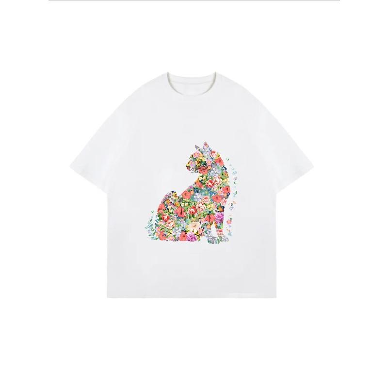 Floral Cat Print Oversized T-Shirt White Flower Animal Design For Casual Wear And Everyday Style