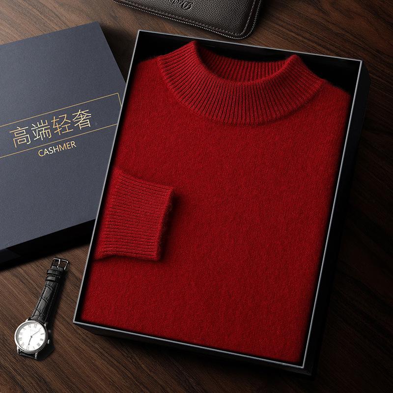 Men's Double-Thick Lamb Cashmere Sweater, Solid Color, Round Neck, Autumn/Winter Base Layer.