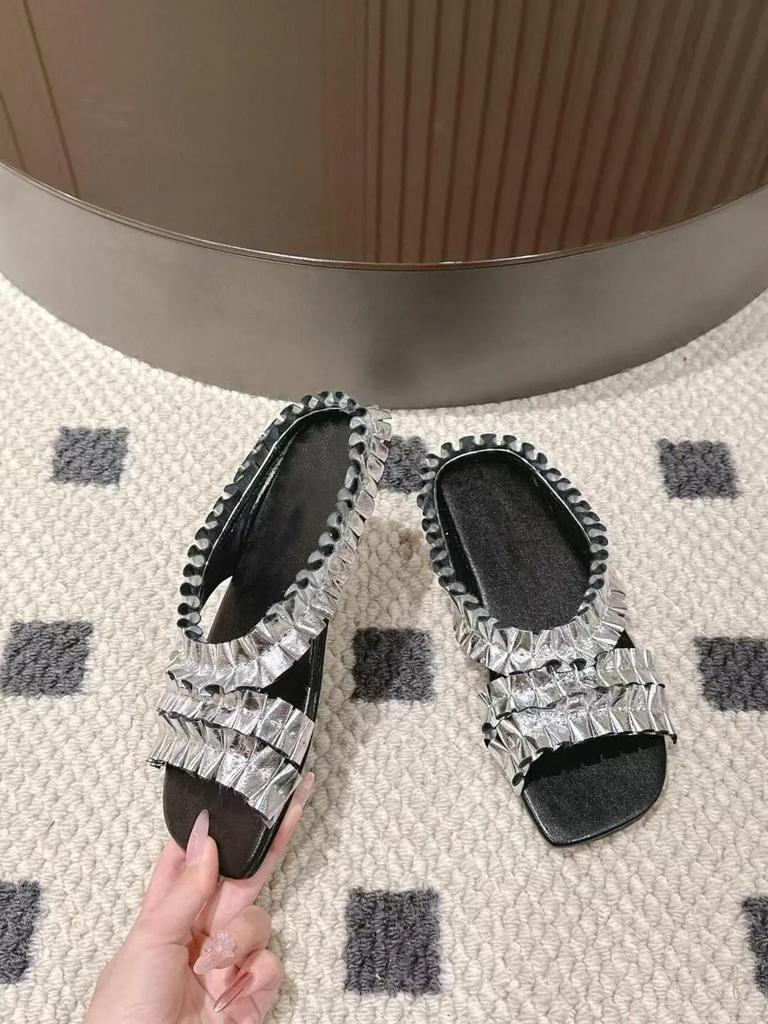 Fashion Summer Pleated Real Leather Open Toe Slippers Women Lazy Flat Sandals Outdoor Leisure Vacation Shoes Daily Versatile Single Shoe