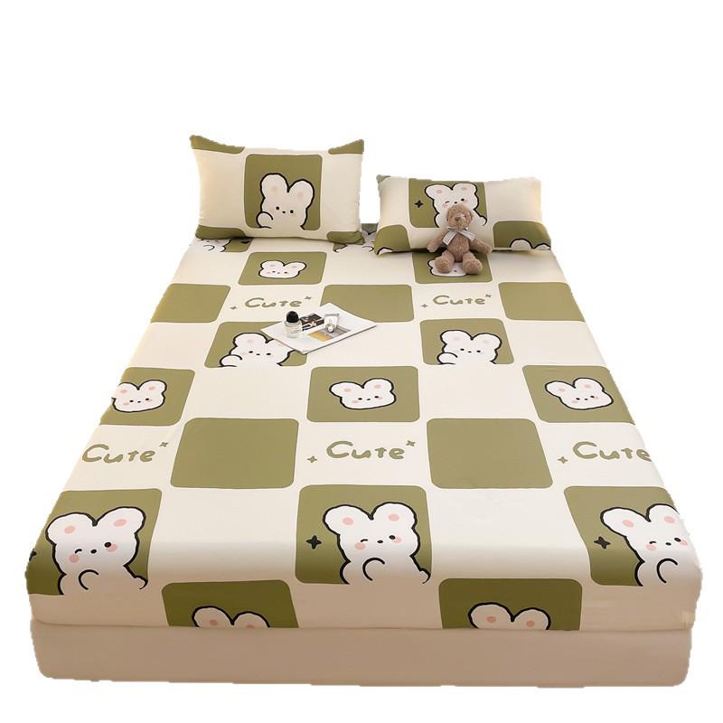 Pure Cotton Cartoon Print Fitted Sheet & Solid Color Mattress Protector Three-Piece Set