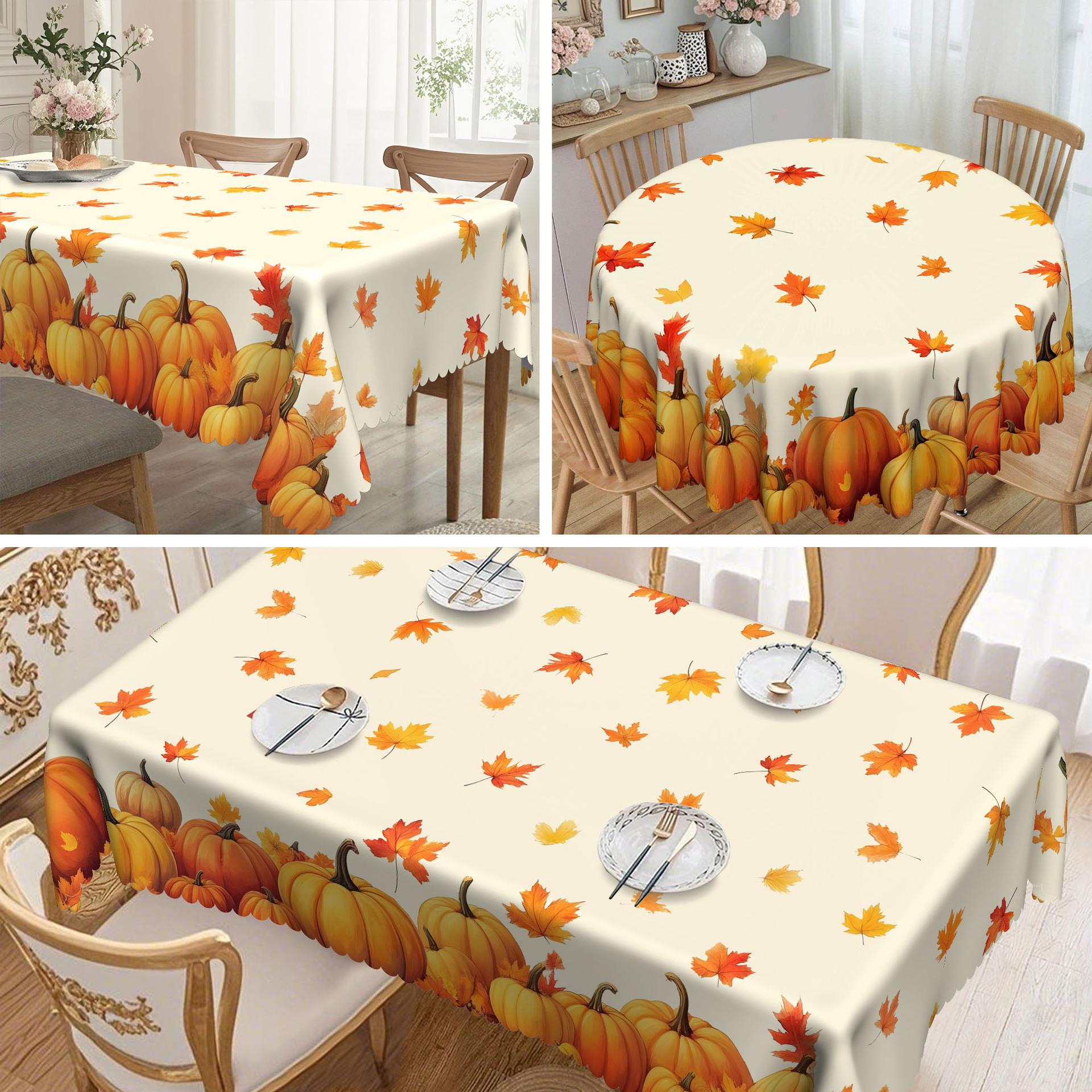 1 Piece, Thanksgiving Tablecloth, Autumn Harvest Pumpkin And Maple Leaf Design, Rectangular Round, Polyester Fabric round tablecloth-152x152cm