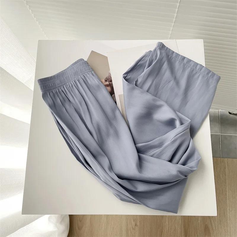 Summer Thin Loose Wide Leg Pants Women's Ice Silk Casual Pants Elegant Elastic Waist Straight Trousers Lady Sport Pant