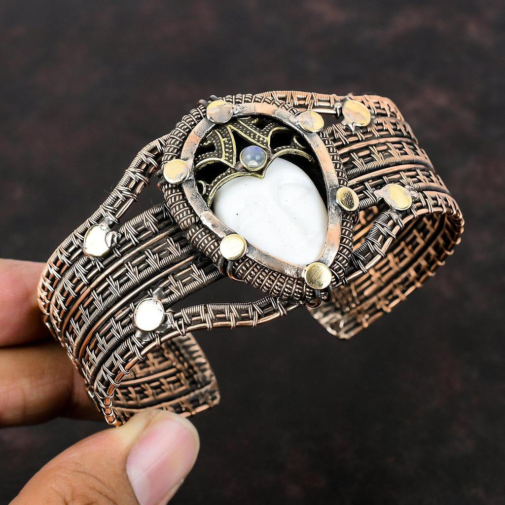White Carved Bone Face Bangle Gemstone Cuff Bracelet Copper Wire Wrapped Bangle Adjustable Cuff Bracelet Handmade Rainbow Moonstone Bangle