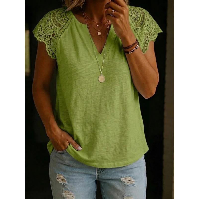 Women V Neck Lace Patchwork Short Sleeve Loose Casual Comfortable Summer New T Shirt Top