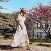 Vintage Chic Damen Weiß Stickerei Spitze Kurzarm Strand Bohemian Slim Fit Unregelmäßigen Fischschwanz Kleid Robe Damen V-ausschnitt Boho Kleid