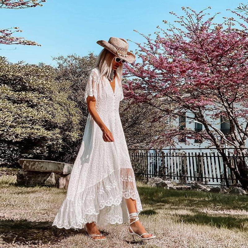 Vintage Chic Damen Weiß Stickerei Spitze Kurzarm Strand Bohemian Slim Fit Unregelmäßigen Fischschwanz Kleid Robe Damen V-ausschnitt Boho Kleid