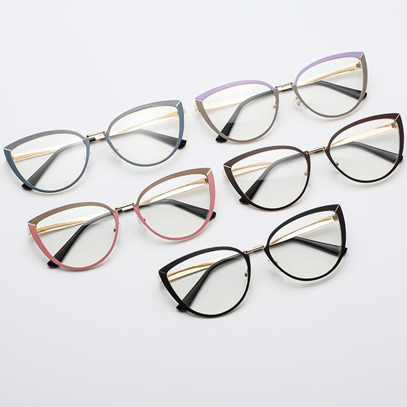 Stylish PC Screen Myopia Glasses Frames Women Optical Diopter Glasses Anti Blue Light Purple Cat-Eye Shaped Metal Eyeglasses Minus