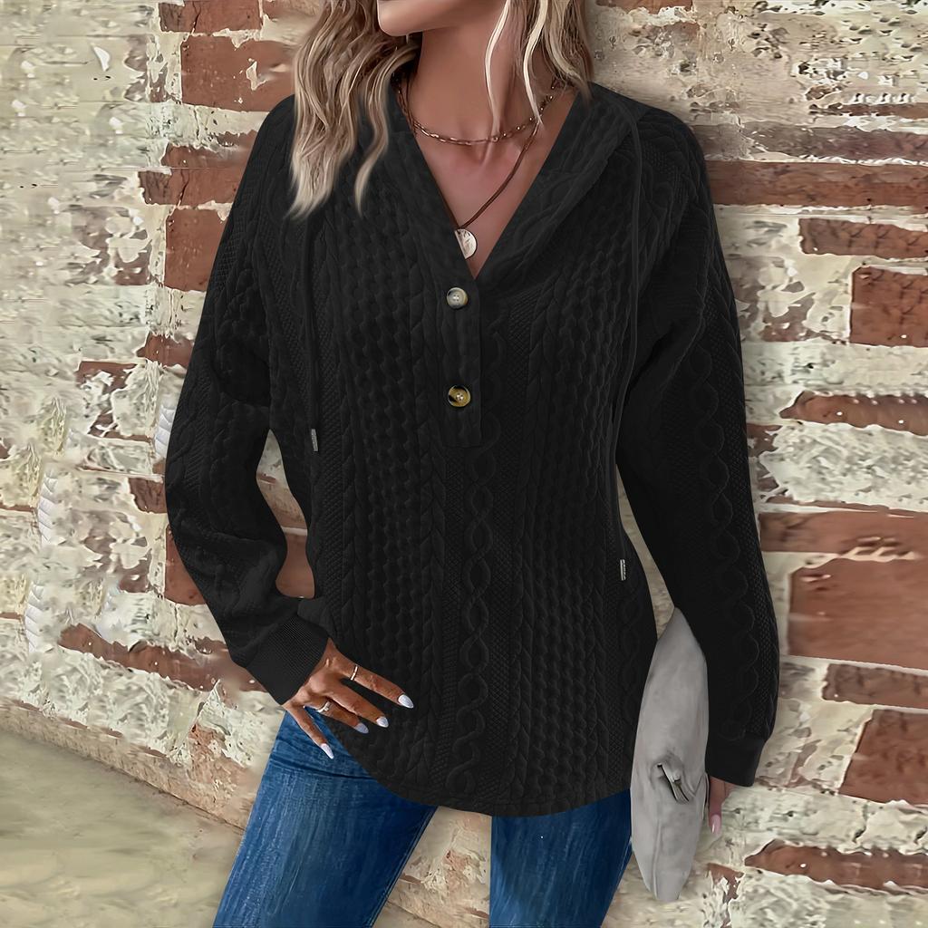 Women's Fashion Long Sleeve Drawstring Hooded Button V-Neck Casual Hooded Sweatshirt Top