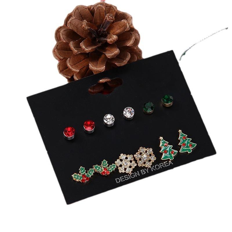 Christmas stud earrings combination new cartoon holiday alloy dripping elk old man bell earrings set