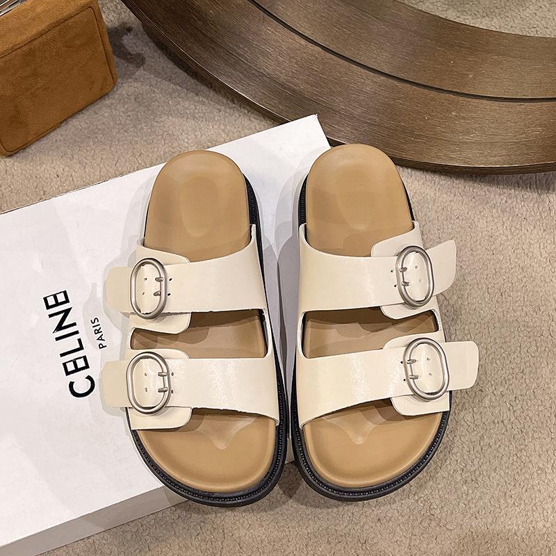 

Thick-soled versatile one-word buckle with sandals women s summer 2025 new outer wear flat-soled slippers beach sandals ins tide 40 бежевый