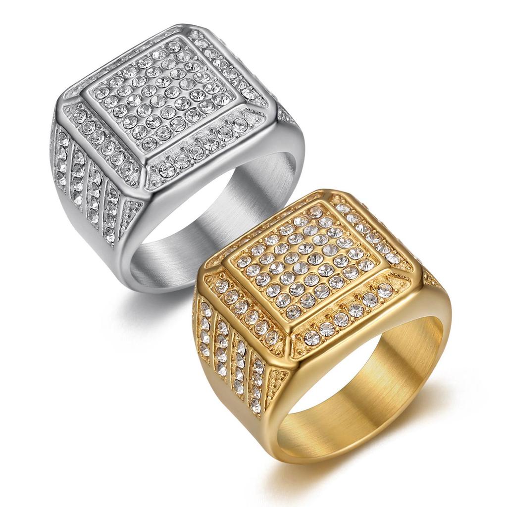 Luxury Full Rhinestone Vacuum Gold Plated Titanium Steel Hip Hop Men's Ring