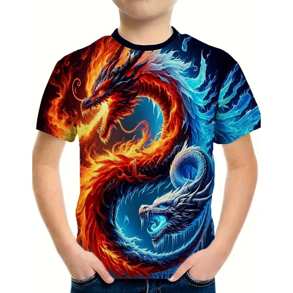 Maglietta per bambini T-shirt con grafica 3D Dragon Magliette per bambini Magliette con scollo tondo Maglietta con animali dei cartoni animati Maglietta a maniche corte per un ragazzo