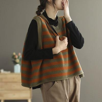 Vintage Striped Spliced Sweater Vest Spring Autumn Korean Loose Women's Clothing Casual Round Neck Sleeveless Knitted Jumpers