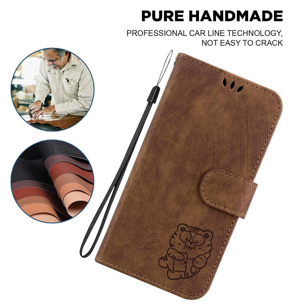 Brown Cute Cartoon Little Tiger Pattern Wallet PU Leather Case with For iPhone Samsung Umidigi Infinix TECNO...Suitable for Over 900 Phone Models