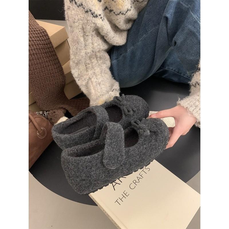 Xiaoxiangfeng bow gray inner heightening fleece Birkenstocks thick-soled Mary Jane light-mouth fluffy shoes