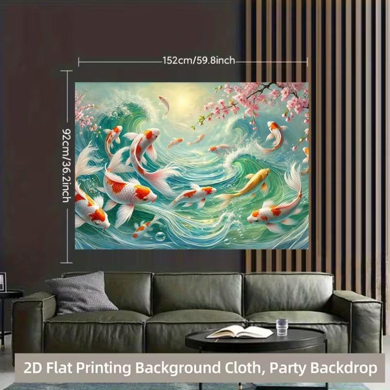 2D Printed Lucky Koi Backdrop Sakura Flowers Turquoise Water Party Photo Booth Background