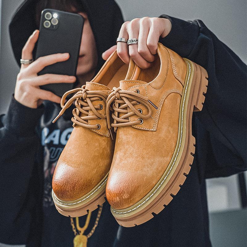 Spring new products men's leather shoes pigskin British retro low-top thick-soled heightening non-slip casual tooling shoes men's versatile