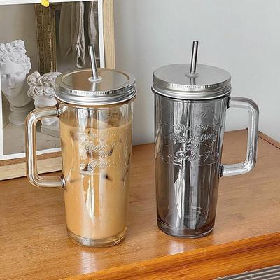Kubek do kawy szklany o dużej pojemności 580 ml z bezpieczną słomką ze stali nierdzewnej i pokrywką uszczelniającą do napojów domowych z uchwytem