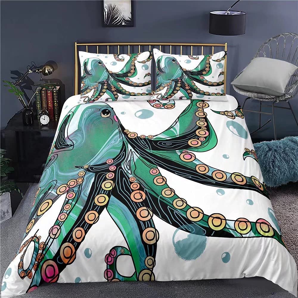 Oktopus Bettbezug-Set, Cartoon Oktopus Tentakel Polyester Bettdeckenbezug Einzelgröße, Meer Marine Bettwäsche-Set für Kind Jungen Mädchen