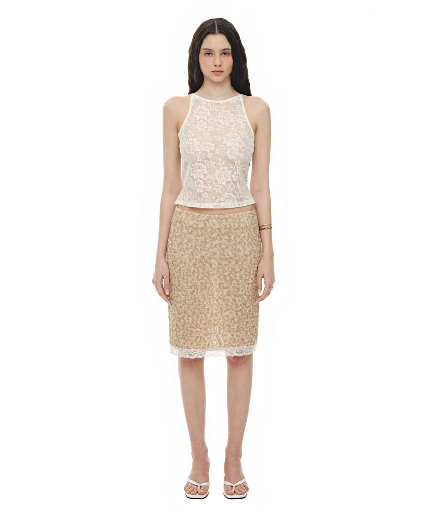 Too Much Tax Lace Point Sparkle Midi Skirt Beige