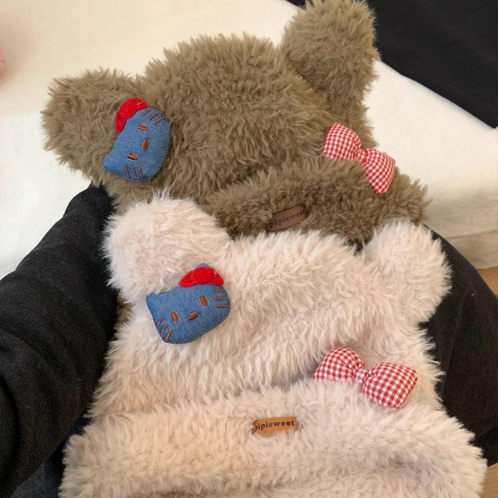 Cute Kitty Cat Plush Knitted Hat Women's Thickened Warm and Cold Woolen Hat Showing Small Face Ear Protection Hat