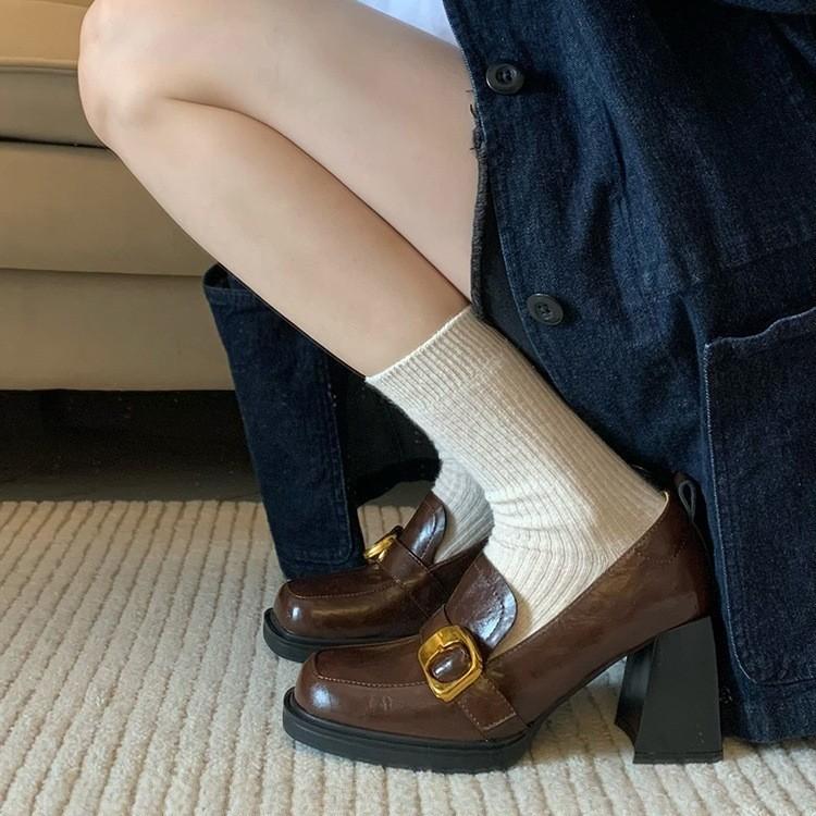 Retro Square Head Thick Heel One-pedal Loafers 2025 Autumn New High-heeled Small Leather Shoes Women's British Style Shoes