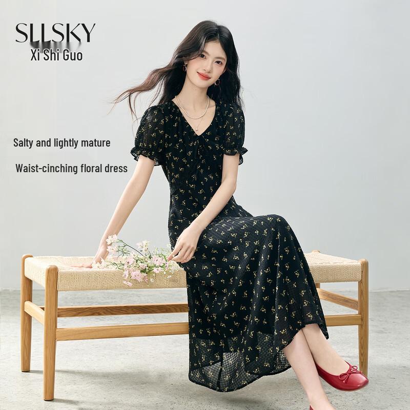 Sllsky Retro Floral V-Neck Midi Dress M