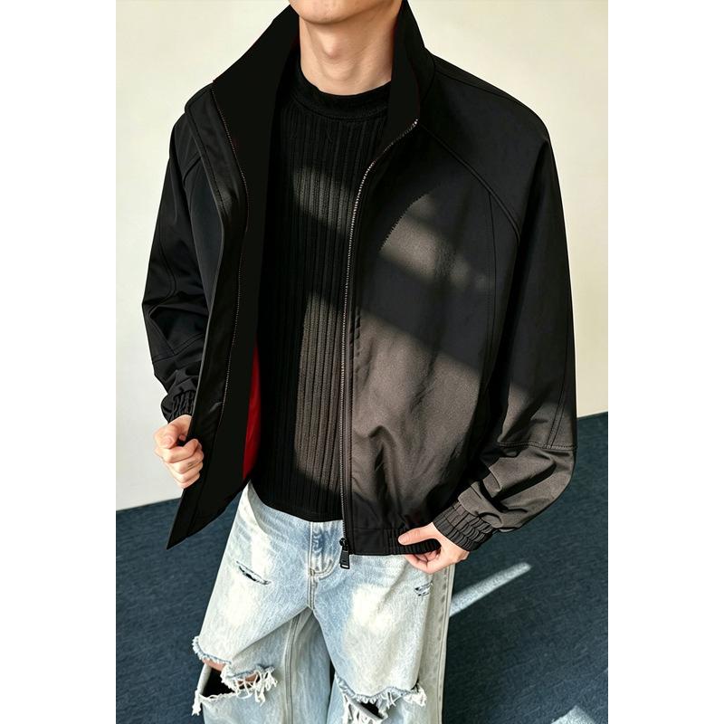 Men Stand Collar Zip Up Raglan Jacket Loose Casual Wind Resistant Outerwear for Autumn
