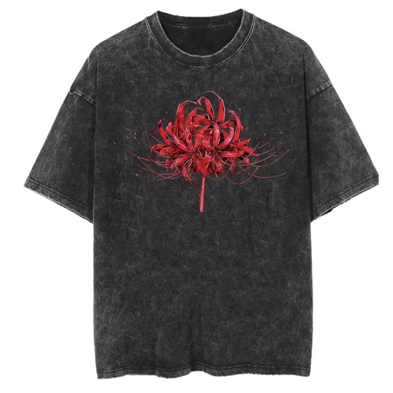 

Hot Anime Tokyo Ghoul Red Spider Lily Graphic Washed T Shirt Men Vintage Tshirts Yk Cotton TShirt Harajuku Male Casual Tops S