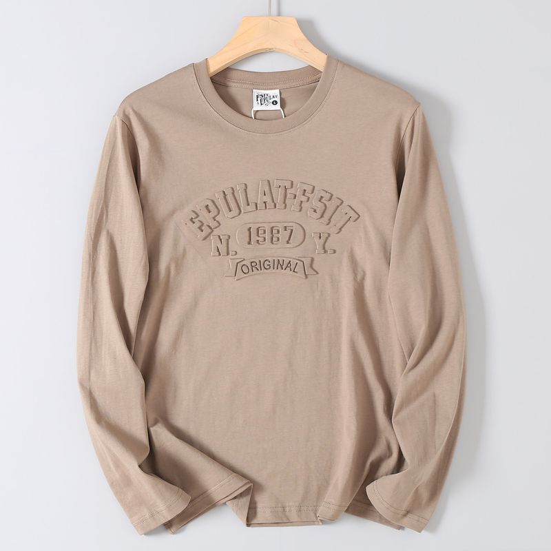 Foreign Trade Surplus Cotton Washed 3D Embossed Printed Long-Sleeve T-Shirt for Men, Autumn Round Neck Casual Base Shirt