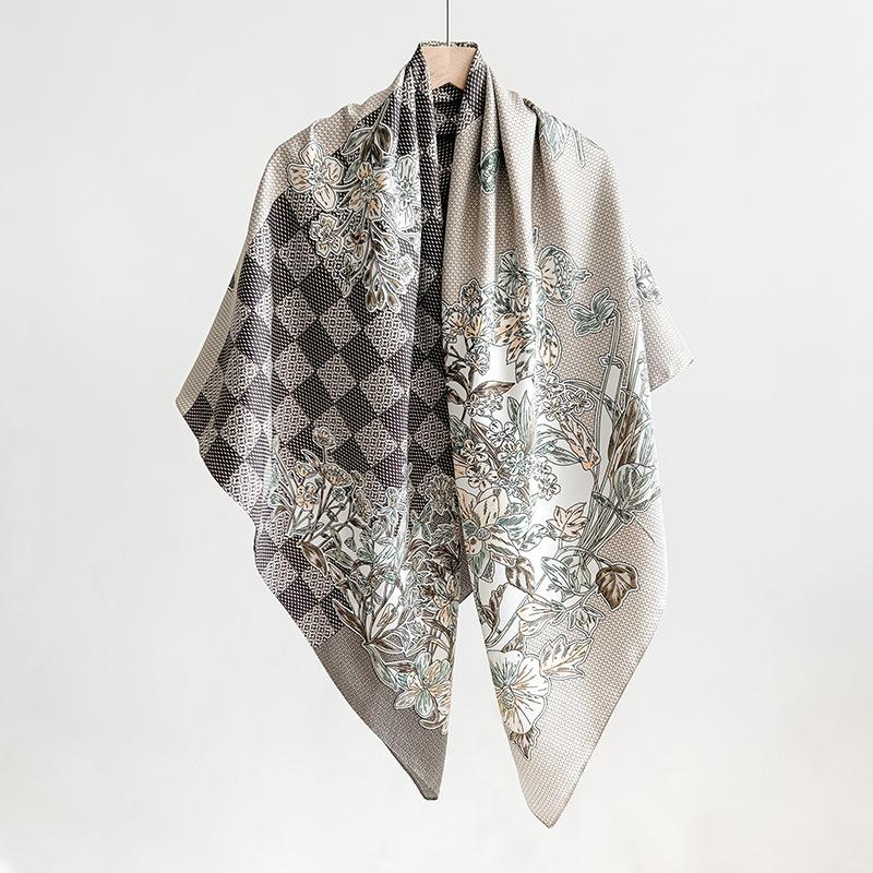 European and American style new flower grid printing silk scarf spring and autumn literary and artistic style atmosphere temperament twill square