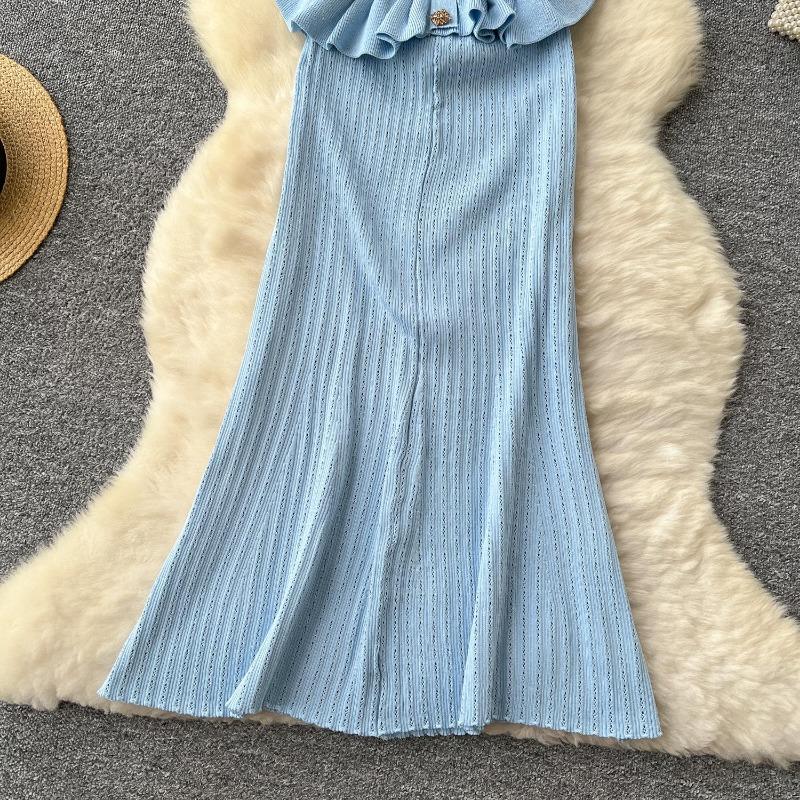 Retro Strickpullover Rüschen Sexy Einreihig Elegant A-Linie Langes Maxi Abend Party Kleid Damenmode Sommerkleidung