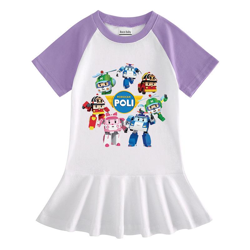 Summer Cartoon Raglan Color Block Pleated Dress for Girls - Stylish Short Sleeve Ruffle Skirt