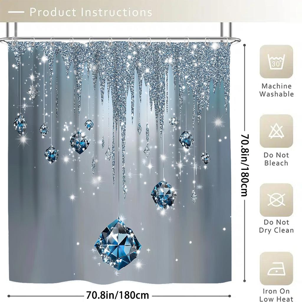 Crystal Diamond Shower Curtain Sparkling Ice Hanging Gems Blue Glitter Design Bathroom Decor Waterproof Printed Bath Curtain