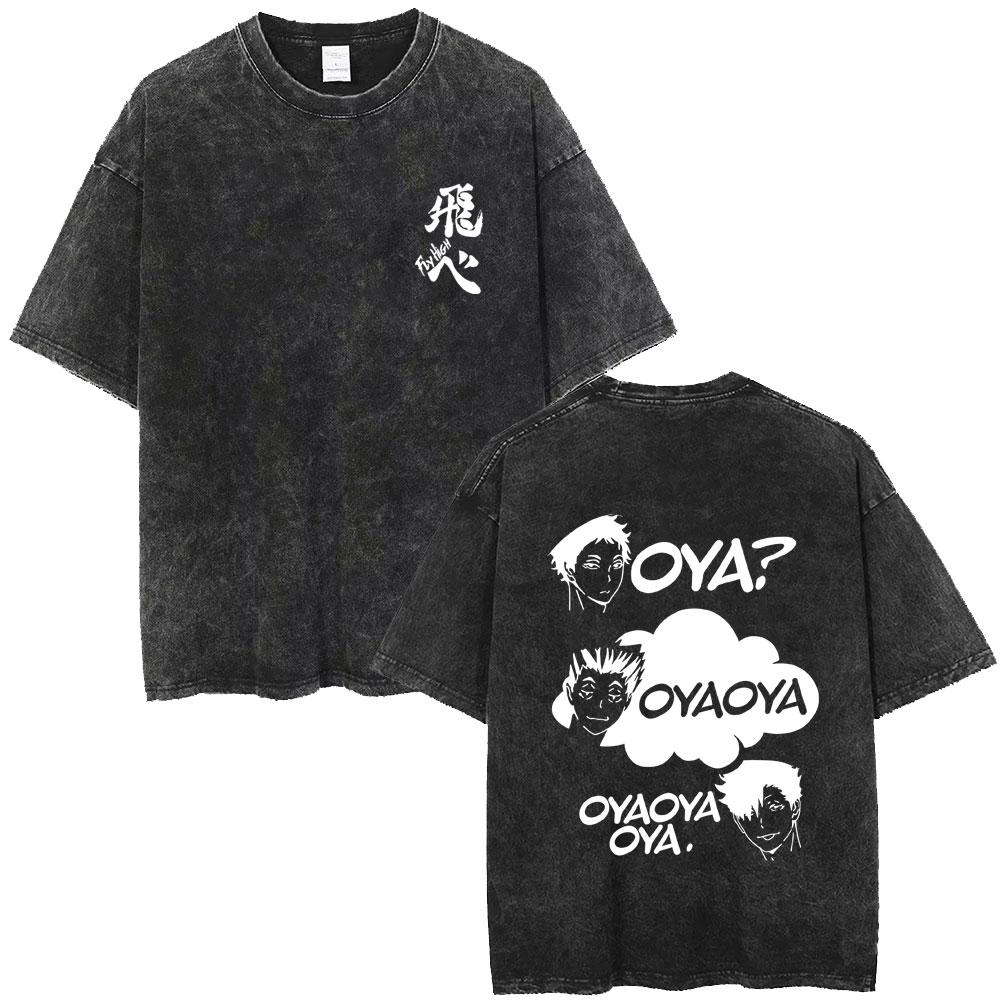 Washed Vintage Anime Haikyuu Bokuto Kotaro Double Sided Print T-shirt Casual Oversized T Shirts Cotton T-shirts Unisex