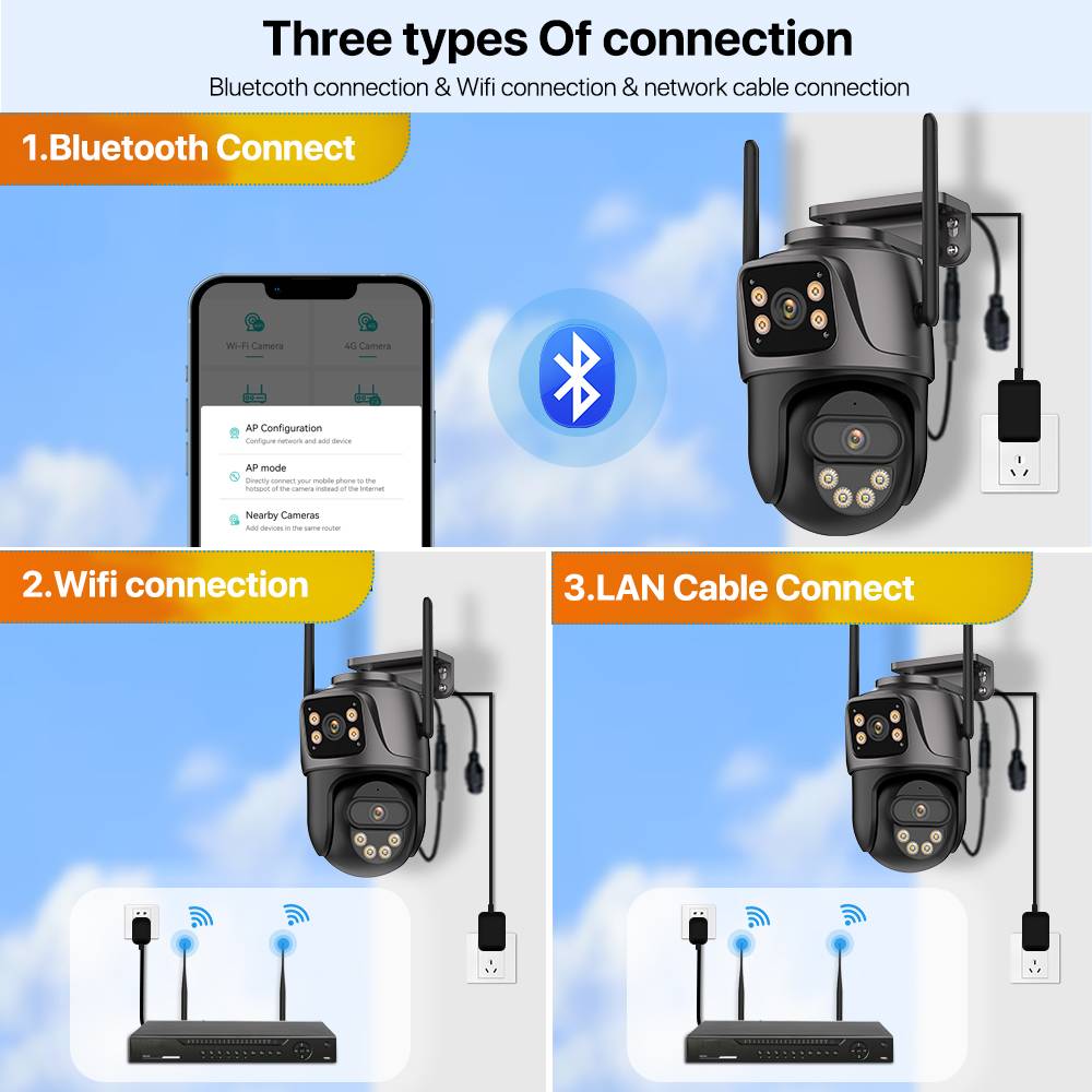 Caméra IP WIFI Trois Écrans Extérieure 4K Double Objectif PTZ Détection Humaine IA Étanche IP66 Caméra de Sécurité Vidéo CCTV iCsee