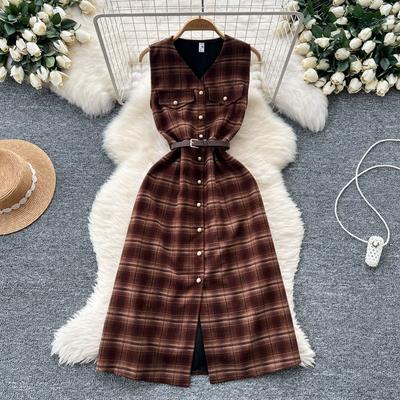 Autunno Inverno Donne Vintage Scollo a V Plaid Monopetto Lungo Midi Tweed Abiti Canottiera con Cintura