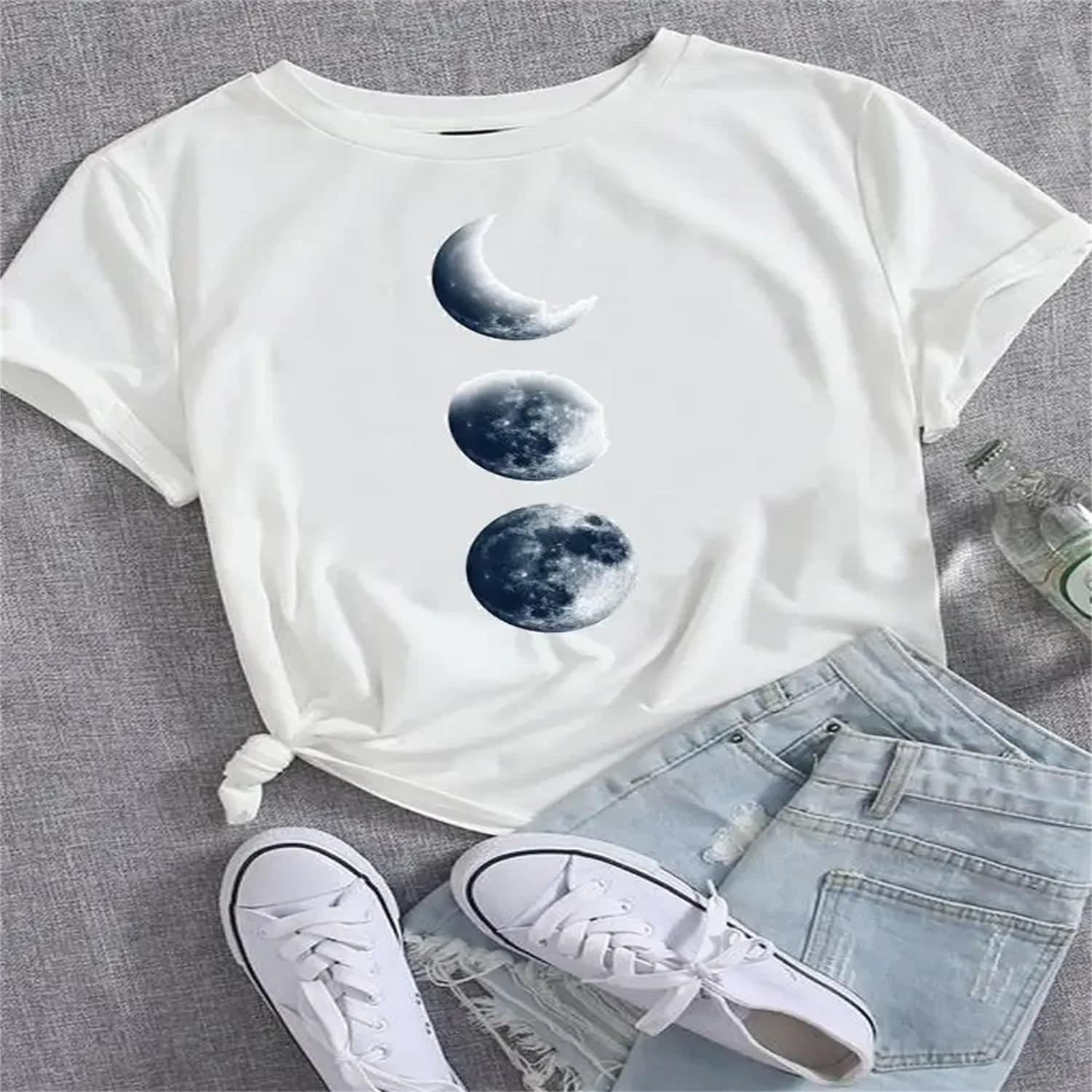 

Clothing Female T Shirt Fashion Casual Tee Short Sleeve Moon Trend Cute Style 90s Printed Women Top Clothes Graphic T-shirts XXXXXL білий