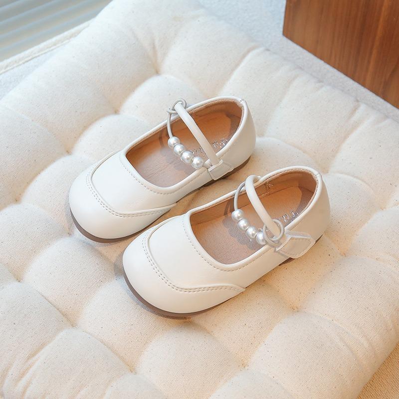Girls Pearl Strap Mary Jane Shoes Shiny Leather Flat Sole Casual Princess Daily Flats