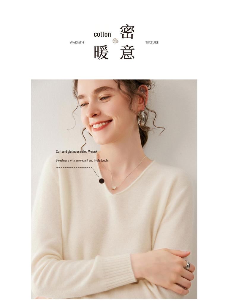 Women's V-Neck Solid Color Cashmere Sweater - Loose Fit, Soft Knit Pullover for Autumn/Winter