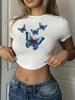 European and American Style Women's White Butterfly Print Cropped T-Shirt