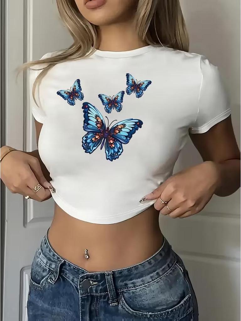 European and American Style Women's White Butterfly Print Cropped T-Shirt