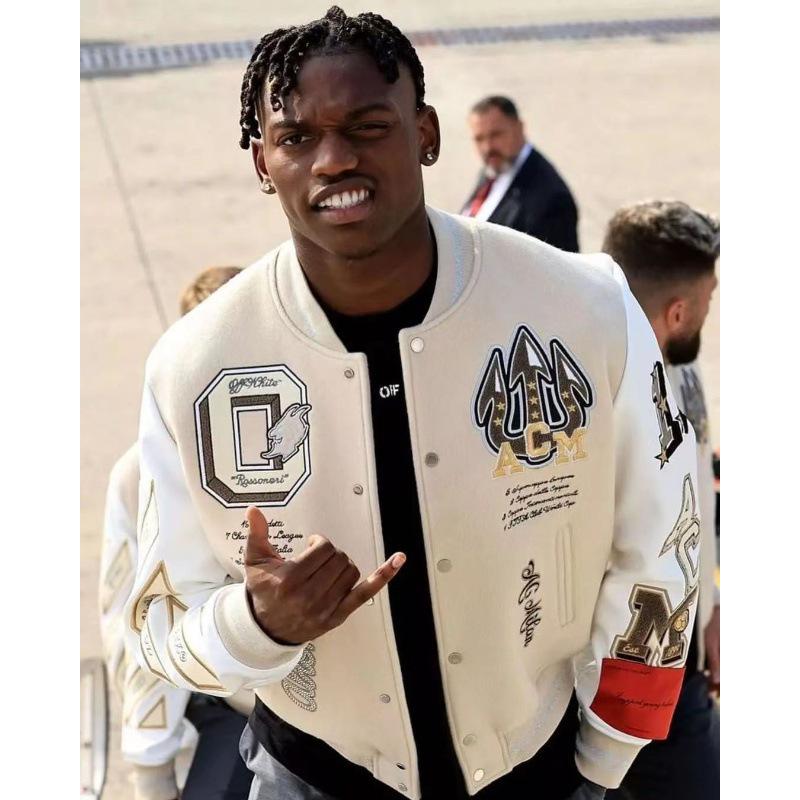 Tide Brand AC Milan Embroidered Leather-Sleeve Versatile Baseball Jacket
