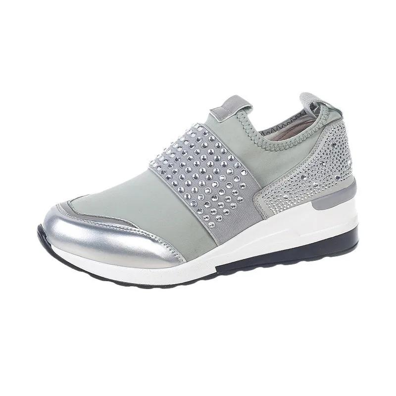 Korean Wedges Rhinestone Slip On Casual Shoes for Women Round Head Platform Running Shoes Fashion Zapatillas De Mujer Sneaker